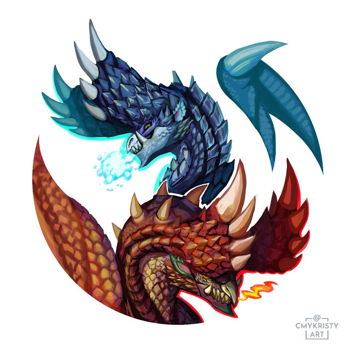 A drawing of Alatreon's ice and fire elemental forms