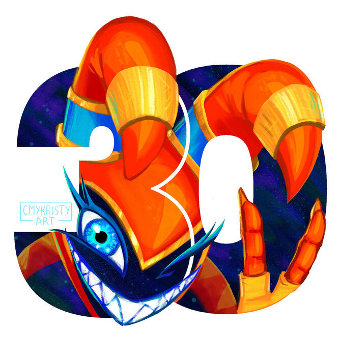 Jackle gives a peace sign from within a number 30 frame. His floating face, fingers, and jester horns poke out from the 30.