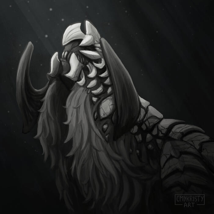 Fan art of Arkveld from Monster Hunter Wilds. It cranes its neck up somberly towards a light source.