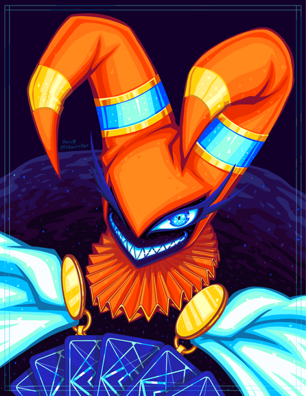 Fan art of Jackle from NiGHTS into Dreams smiling at the camera while holding bright blue playing cards. Jackle is a cartoonish jester with a cheshire cat grin and a white mantle/cape. Jackle has no visible body; his toothy mouth and bright blue eyes float