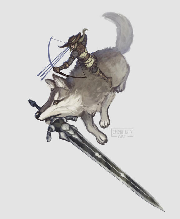 Pharis rides on the back of Sif while she prepares three arrows on her bow.
