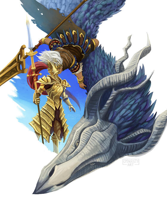 Dark Souls fanart. Nameless King swoops down aboard King of the Storm's back to affectionately headbutt Ornstein's helmet.