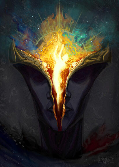 Arcane fanart: Viktor's Herald face split open to reveal cosmic nebulae. A figure stands in the center of the split while reaching up. The drawing is based on the Madman's Knowledge item from Bloodborne.