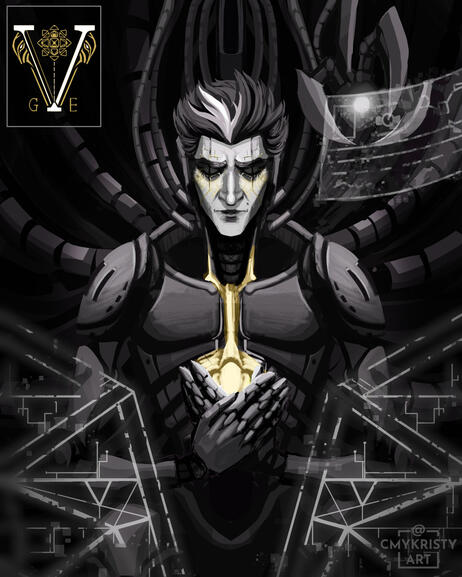 The inner cockpit of a mech. Viktor is resting inside with his back fully connected to a mass of wires branching outwards. The hexclaw analyzes a projected UI. Viktor's pilot emblem is a V with 2 Machine Herald masks on either side, the Hexcore, and "G. E.