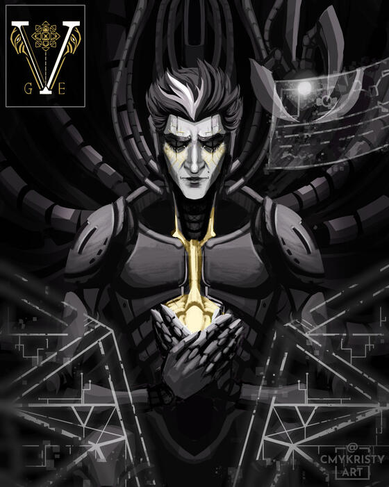 The inner cockpit of a mech. Viktor is resting inside with his back fully connected to a mass of wires branching outwards. The hexclaw analyzes a projected UI. Viktor's pilot emblem is a V with 2 Machine Herald masks on either side, the Hexcore, and "G. E.