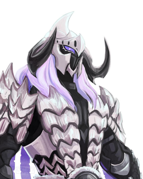 A hunter wearing an Arkveld helmet, Rey Dau chest armor dyed white, and Balahara gauntlets. The helmet's hair is dyed light purple to match Rey Dau's armor tendrils.