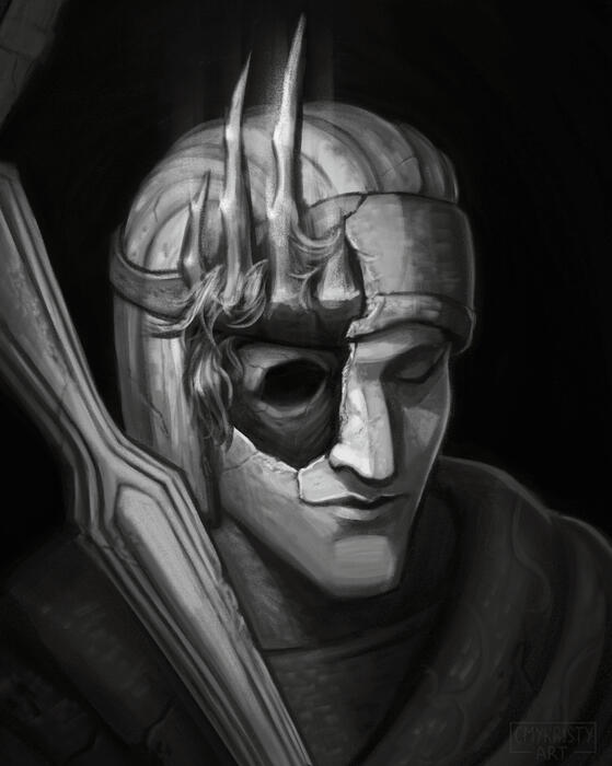 Drawing of the Sunlight Altar's statue of the Firstborn. The statue looks dignified, serene, and only slightly damaged compared to its unsalvageable state in-game. An eye socket is cracked open to reveal the Nameless King's hollowed face.