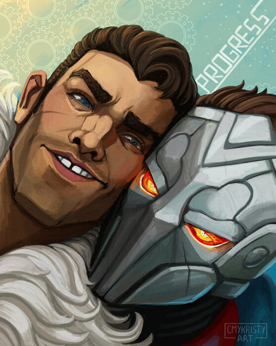 Portrait fan art of Jayce the Defender of Tomorrow and Viktor the Machine Herald. Jayce is resting his head against the side of Viktor's mask and looking at him with a grin. Viktor seems fairly content where he is, but is glaring at the camera from behind