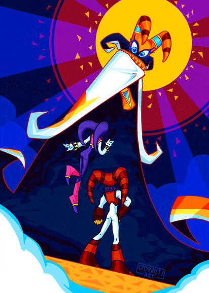 NiGHTS into Dreams fanart. Jackle faces the camera and looms down over NiGHTS and Reala while making a grand appearance. NiGHTS and Reala's backs face the camera in front of Jackle's mantle.