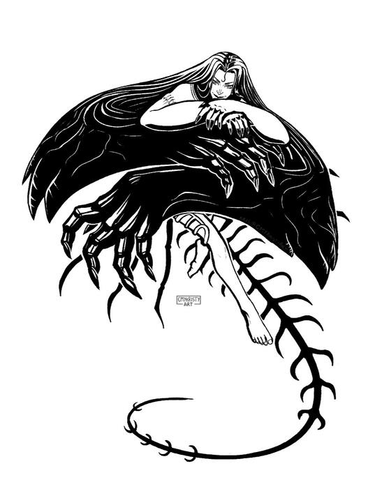 The final form of Eve leans her arms over her folded wings.