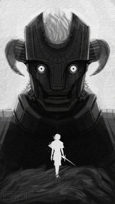 Wander, the protagonist of Shadow of the Colossus, stands on top of the gargantuan hand of the final Colossus, number 16. Colossus 16 blankly stares down at Wander, but seems almost curious.