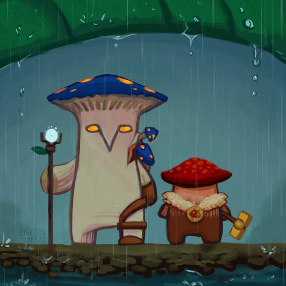 Viktor the Machine Herald and Jayce the Defender of Tomorrow from League of Legends drawn as cartoon mushrooms similar to the mushroom people from Dark Souls.Viktor is tall with glowing orange eyes and mushroom scales/spots. The hex claw is a growth of mus