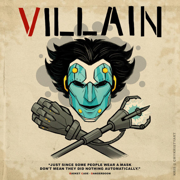 Viktor from the Convergence A Perfect Life comic drawn as the cover for The Mouse and the Mask by Danger Doom. His blue mask replaces the mouse and hand and staff replace the crossbones. "VILLAIN" replaces "DANGER DOOM" at the top. The quote at the bottom
