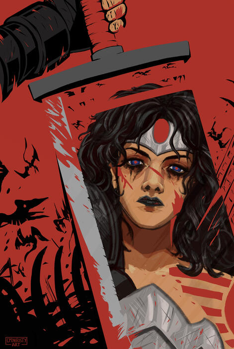 Diana looks at her reflection on the blade of her sword. She's tired, her makeup is running, and she's splattered with blood. The ground is covered in debris and flying beasts scatter in the background.