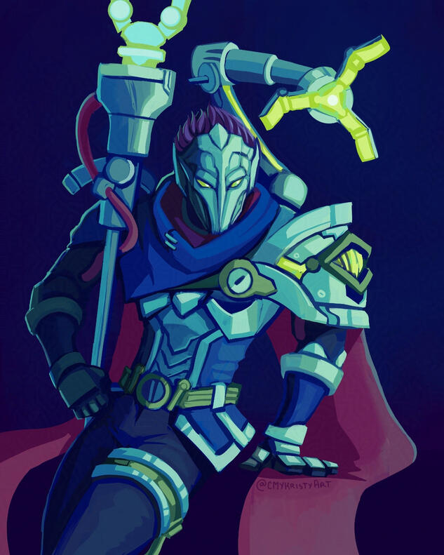 Fan art of Viktor the Machine Herald's proposed traditional skin for League of Legends. He's leaning with his hex core staff also leaned against his shoulder.
