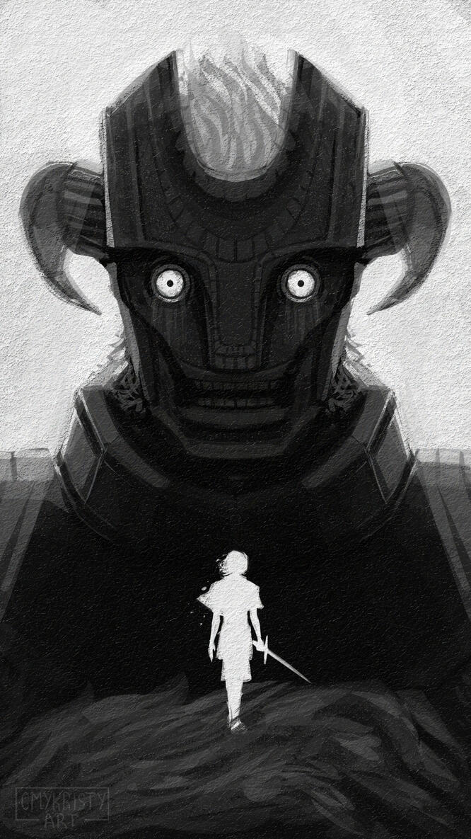 Wander, the protagonist of Shadow of the Colossus, stands on top of the gargantuan hand of the final Colossus, number 16. Colossus 16 blankly stares down at Wander, but seems almost curious.