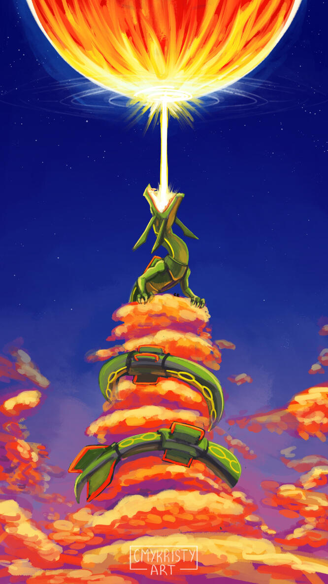 Painting of Rayquaza shooting Hyper Beam at the oncoming meteor at the top of Sky Tower in Pokemon Mystery Dungeon Red & Blue Rescue Team