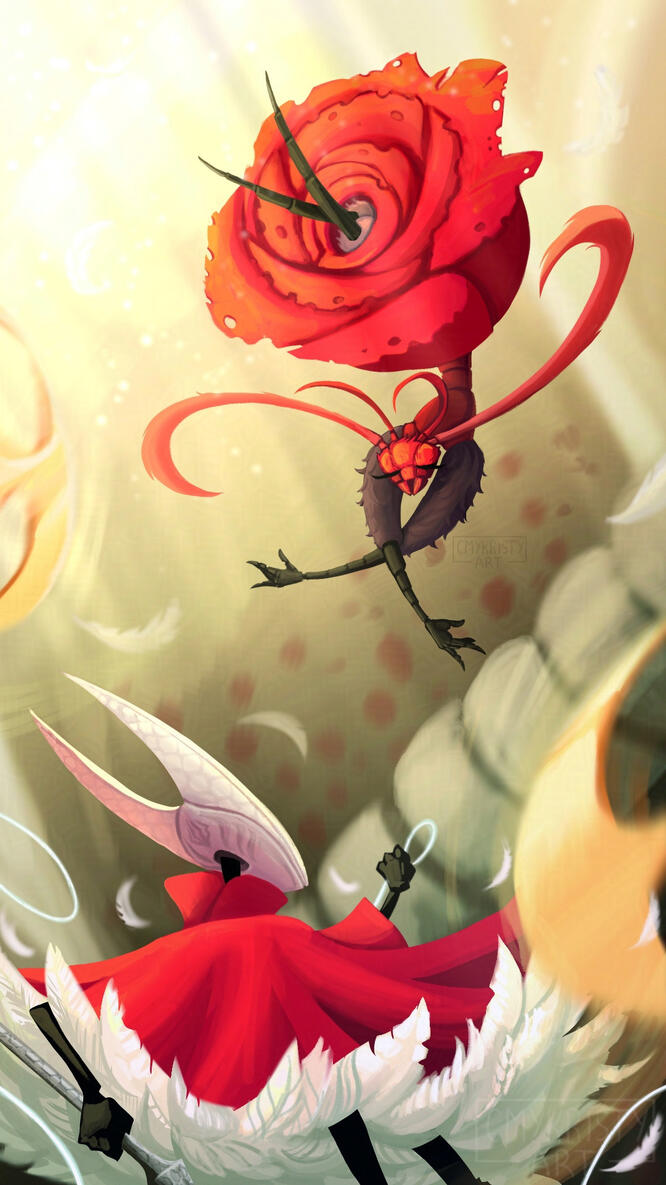 Hollow Knight Silksong fan art of Hornet facing off against Skarrsinger Karmelita in her arena. Karmelita flips in the air and tosses her blades at Hornet, who prepares a thread attack.