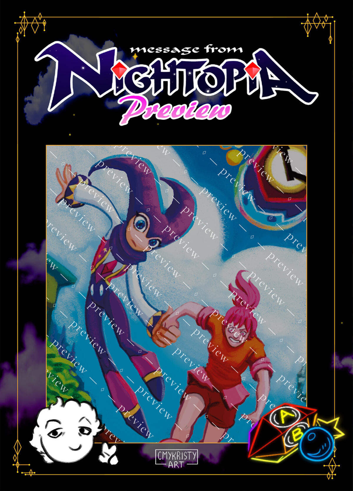 Message From Nightopia Preview: NiGHTS and Claris from NiGHTS into Dreams are running from the Alarm Egg in a bright, cloudy environment. A doodle of me is placed at the bottom with my signature, CMYKristyArt.