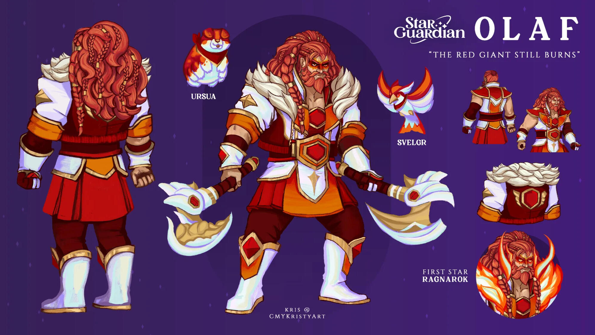 Drawn concept sheet of a fan League skin, Star Guardian Olaf. It showcases his full outfit front and back: A battle suit with kilt-like skirt, his Star Guardian gem on his chest, a replica gem on a lifting belt, and bulky jacket with fur collar.
