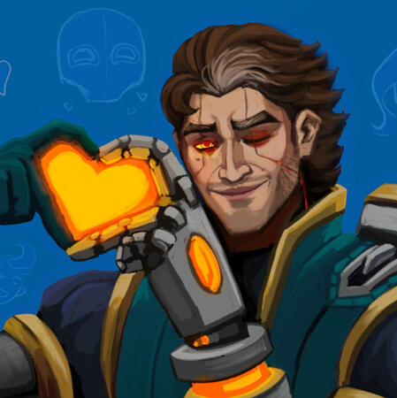 A portrait of maskless Viktor the Machine Herald personalized for me. He's doing the cutesy heart hand sign with his pointer and middle fingers.