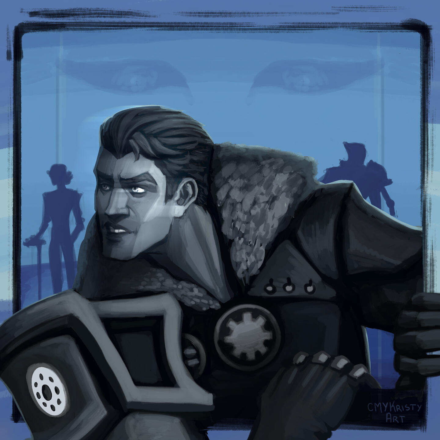 Fanart of Jayce the Defender of Tomorrow from League of Legends drawn within the album cover of Paradise Lost's Host (1999). Viktor's academy appearance and the Machine Herald are silhouettes in the background representing the band members and the Herald's