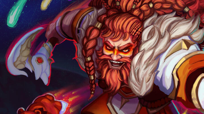 Drawing of a fan League skin, Star Guardian Olaf. He happily charges down a grassy field as team reinforcements strike down from the sky like meteors. His two familiars, a water bear (bear-tardigrade) and a bird of prey fly in spirit behind him.