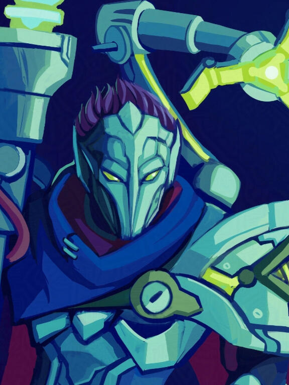 Fan art of Viktor the Machine Herald's proposed traditional skin for League of Legends. He's leaning with his hex core staff also leaned against his shoulder.