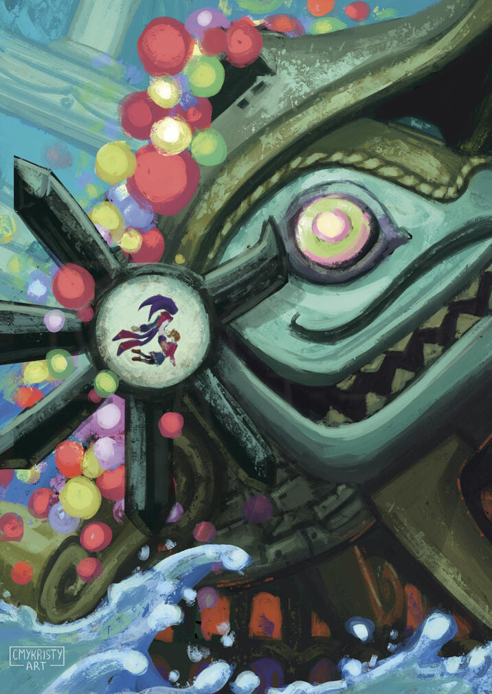 NiGHTS and Helen float through the Aqua Garden as its reality is ripped apart by Girania, the gargantuan gladiator fish Nightmaren that haunts this dream world.