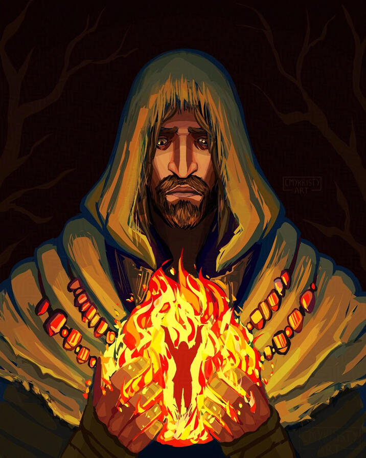 Dark Souls 1 fan art of Laurentius of the Great Swamp. He somberly looks down at a large flame that he holds in front of his chest; within the flame is a silhouette of the Chosen Undead linking the fire.