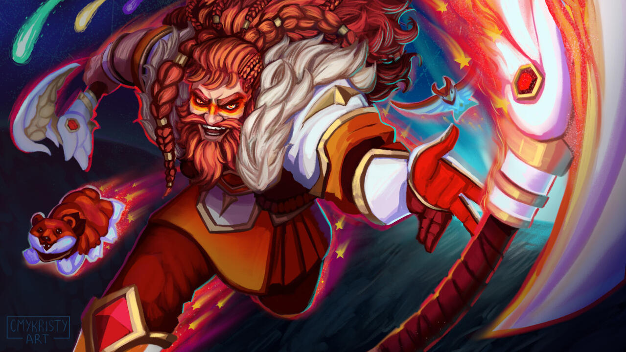 Drawing of a fan League skin, Star Guardian Olaf. He happily charges down a grassy field as team reinforcements strike down from the sky like meteors. His two familiars, a water bear (bear-tardigrade) and a bird of prey fly in spirit behind him.